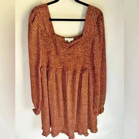 Boho ruched orange mini dress with long sleeves! - Picture 4 of 9
